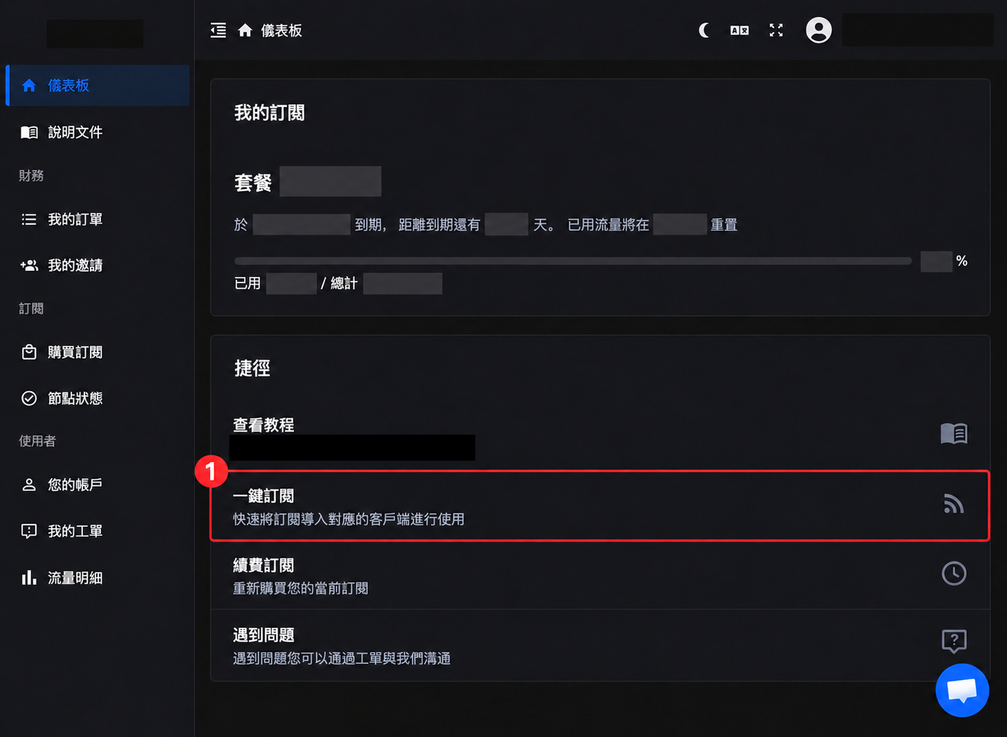 已打码的网页仪表板，红框标出一键订阅入口