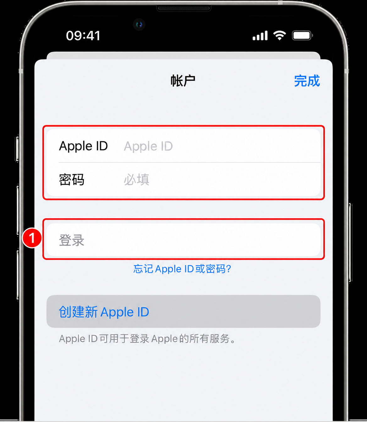 Apple 官方旧版 App Store 账户登录界面，红框标出空白 Apple ID、密码输入区和登录按钮
